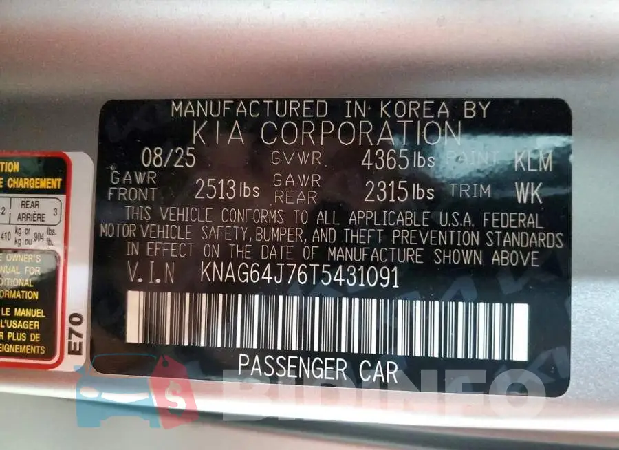 KNAG64J76T5431091 Photo# 13