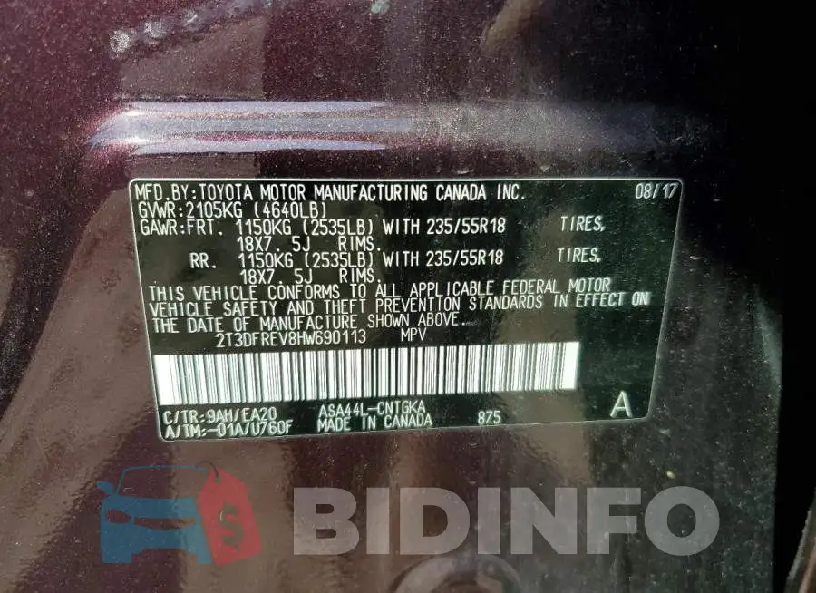 2T3DFREV8HW690113 Photo# 14