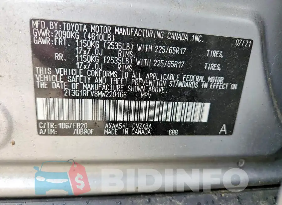 2T3G1RFV8MW220166 Photo# 13