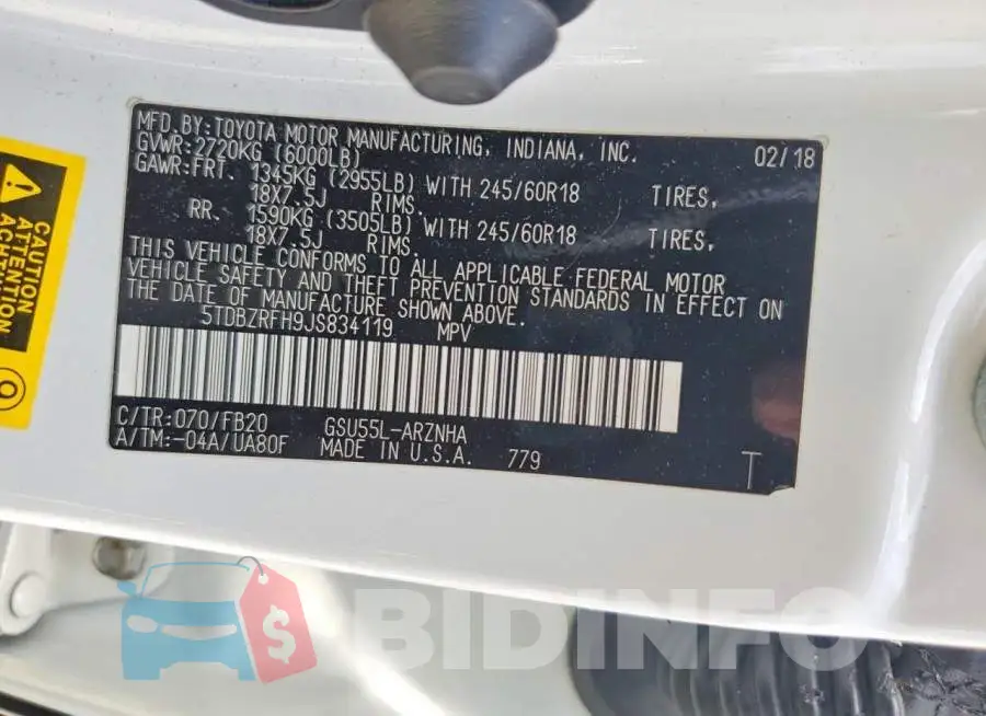 5TDBZRFH9JS834119 Photo# 13