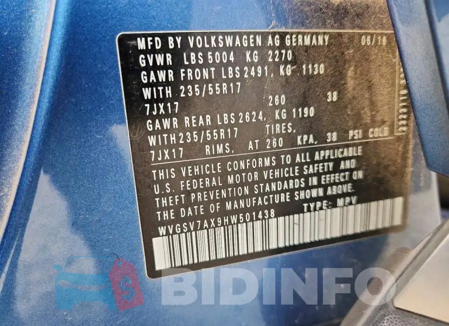 WVGSV7AX9HW501438 Photo# 13