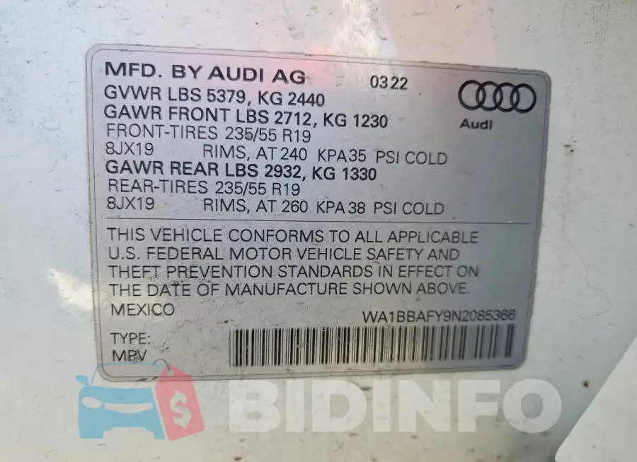 WA1BBAFY9N2085366 Photo# 14