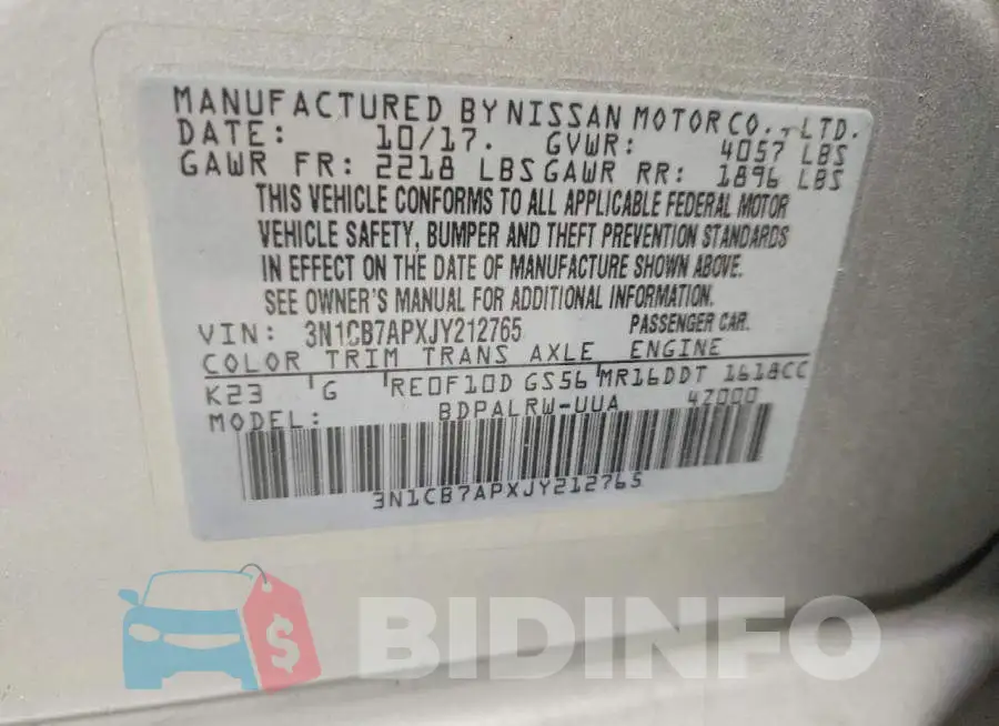 3N1CB7APXJY212765 Photo# 12