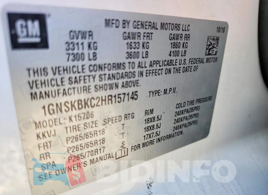 1GNSKBKC2HR157145 Photo# 14