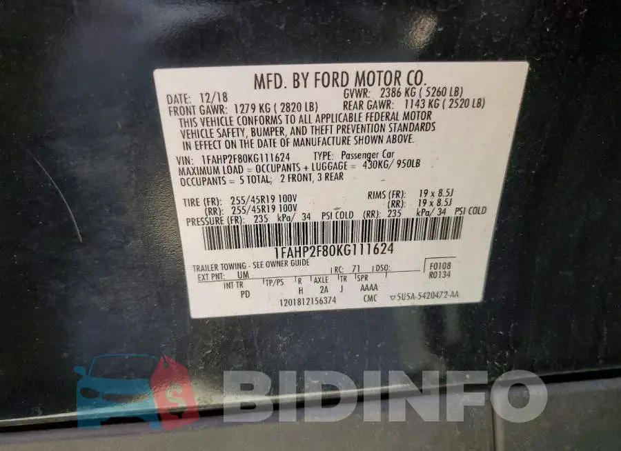 1FAHP2F80KG111624 Photo# 12