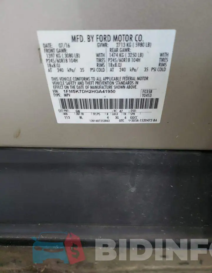 1FM5K7DH2HGA41950 Photo# 13