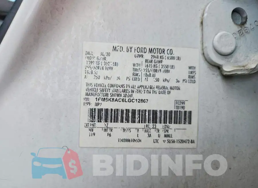 1FM5K8AC6LGC12867 Photo# 13