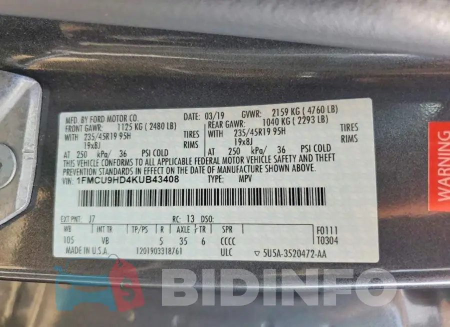 1FMCU9HD4KUB43408 Photo# 13
