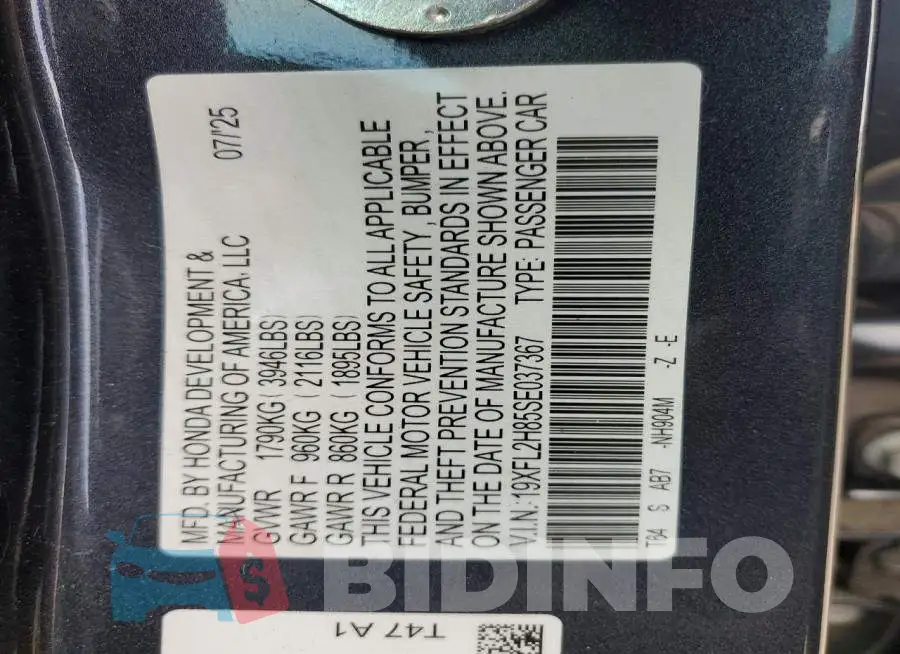 19XFL2H85SE037367 Photo# 12
