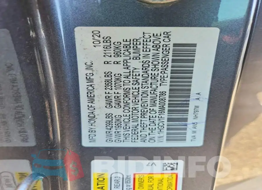 1HGCV1F16MA008786 Photo# 12