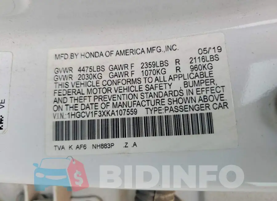 1HGCV1F3XKA107559 Photo# 13