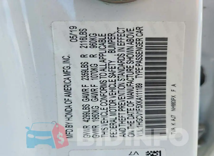 1HGCV1F5XKA111189 Photo# 12