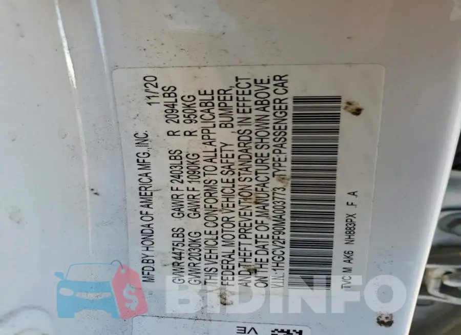 1HGCV2F90MA003773 Photo# 12