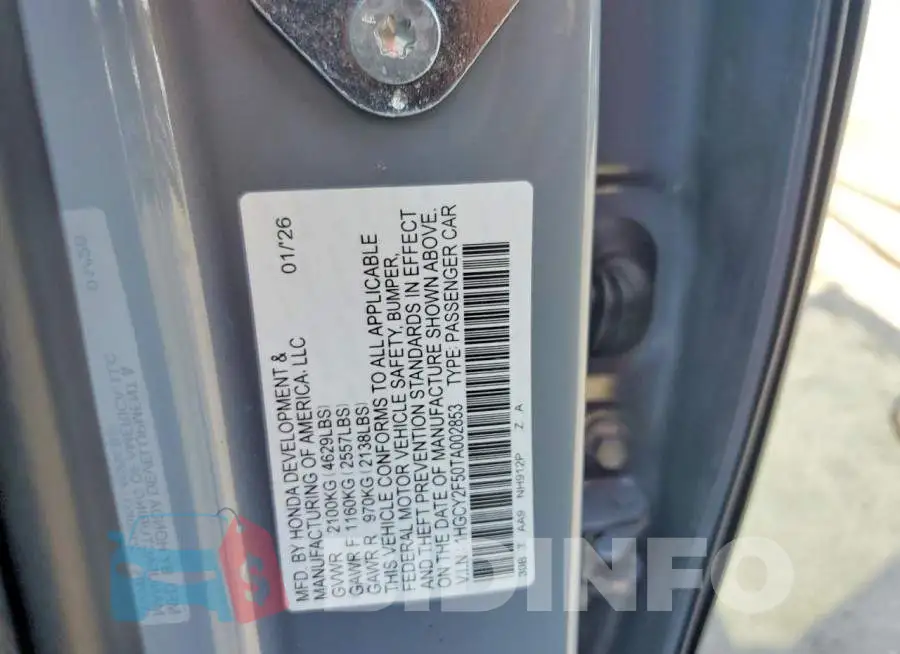 1HGCY2F50TA002853 Photo# 12