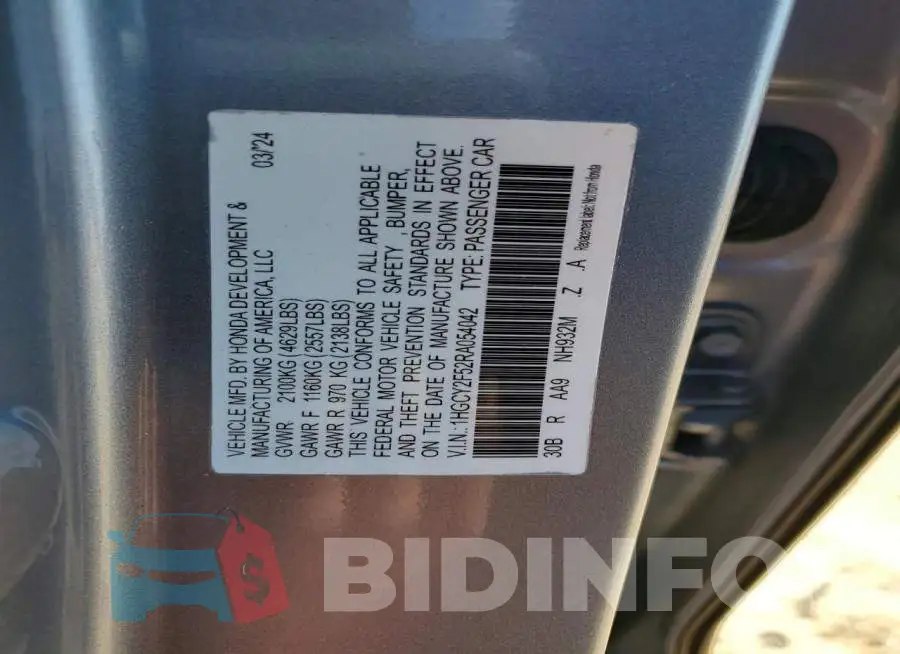 1HGCY2F52RA054042 Photo# 12