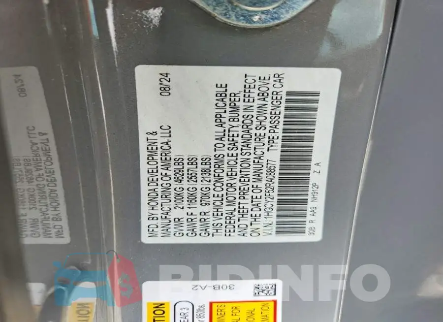1HGCY2F52RA088577 Photo# 12