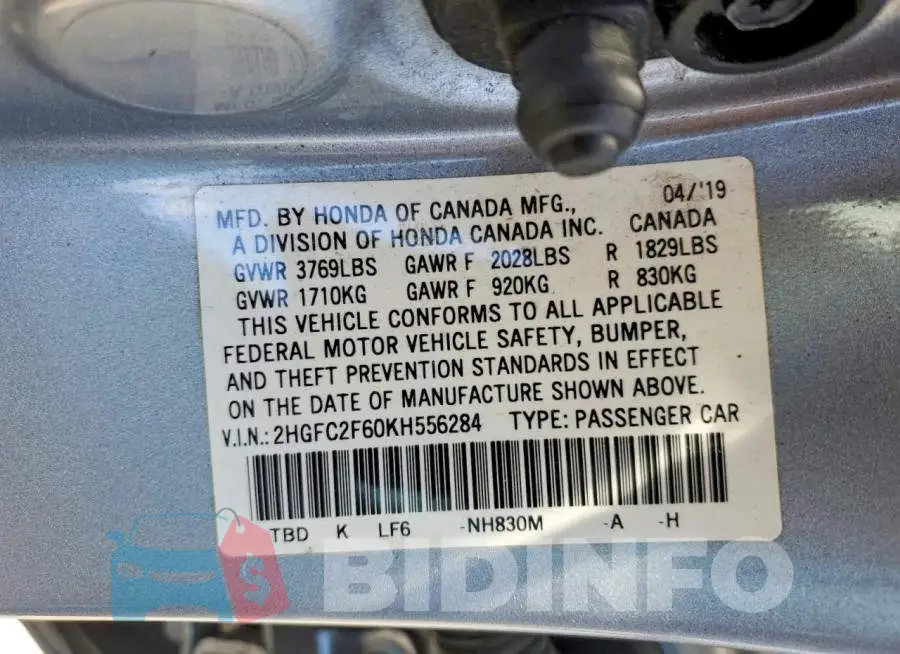 2HGFC2F60KH556284 Photo# 12