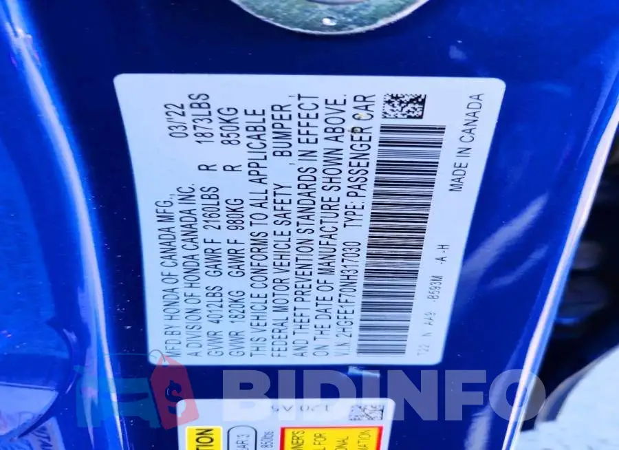 2HGFE1F70NH317030 Photo# 12