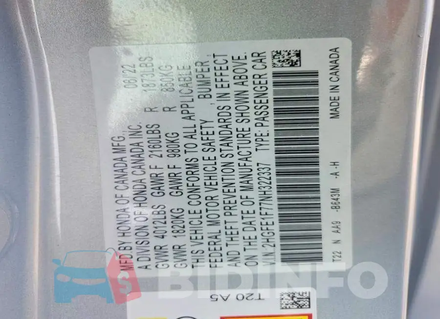 2HGFE1F77NH322337 Photo# 12