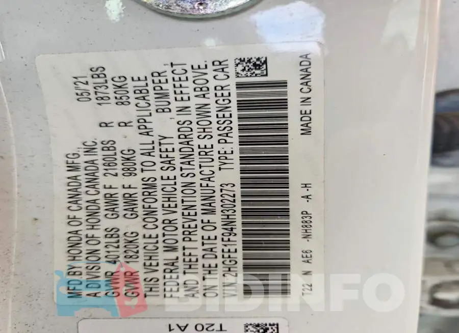 2HGFE1F94NH302273 Photo# 13