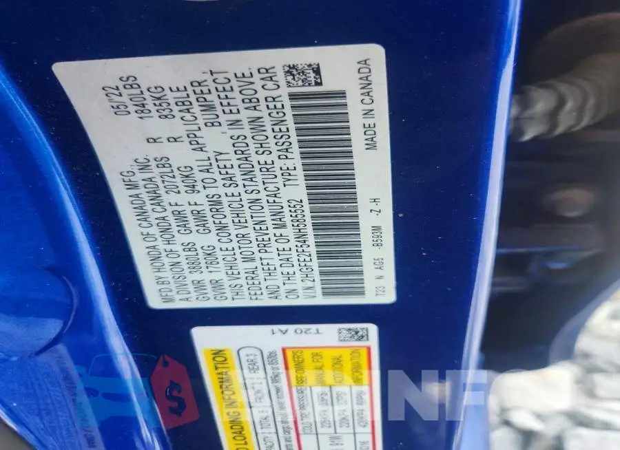 2HGFE2F54NH585552 Photo# 12