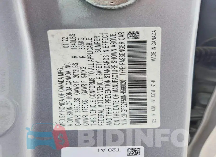 2HGFE2F58NH566020 Photo# 13