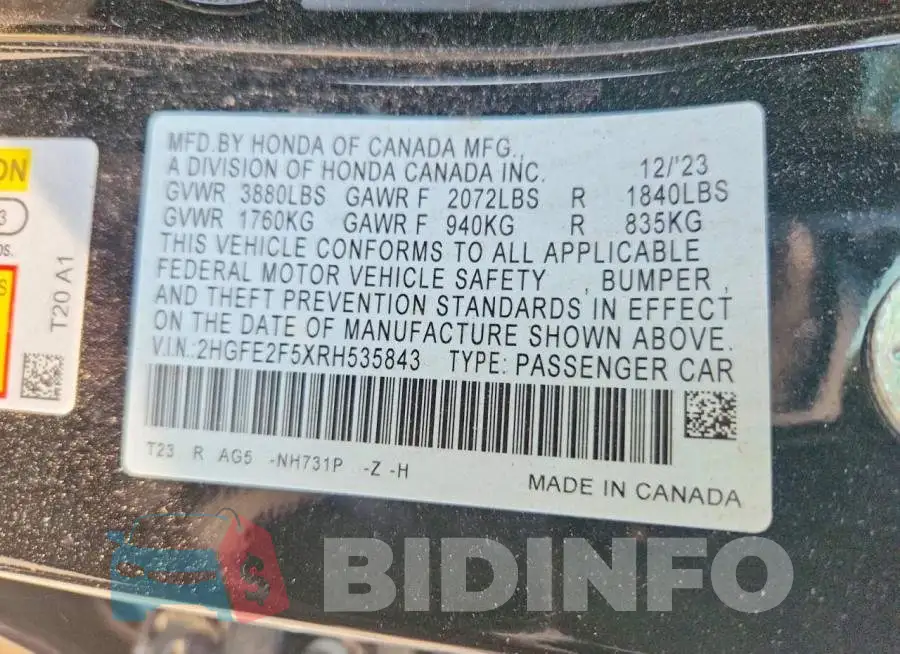 2HGFE2F5XRH535843 Photo# 13