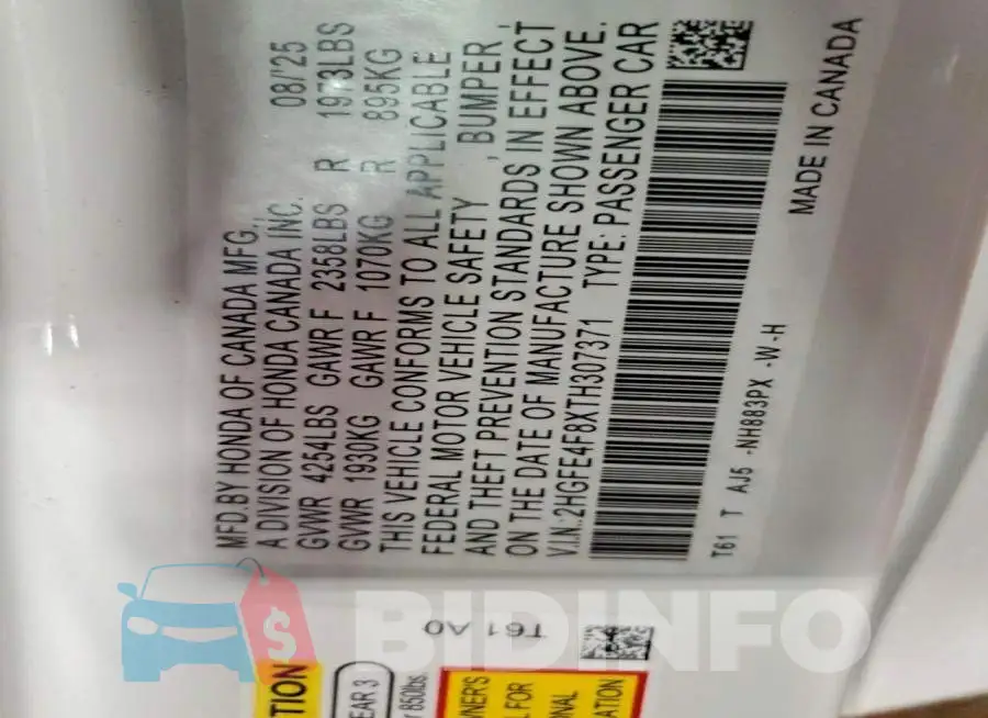 2HGFE4F8XTH307371 Photo# 12