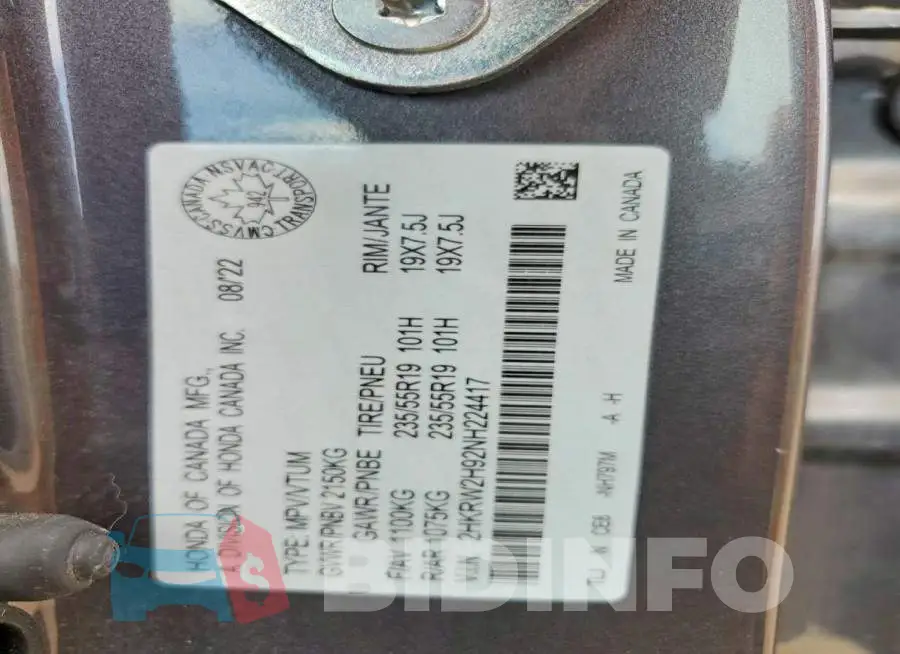 2HKRW2H92NH224417 Photo# 14