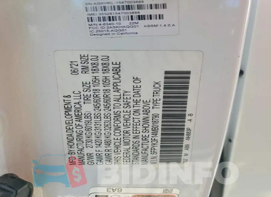 5FPYK3F14MB018790 Photo# 13