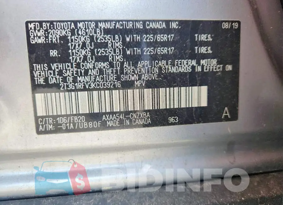 2T3G1RFV3KC039216 Photo# 14