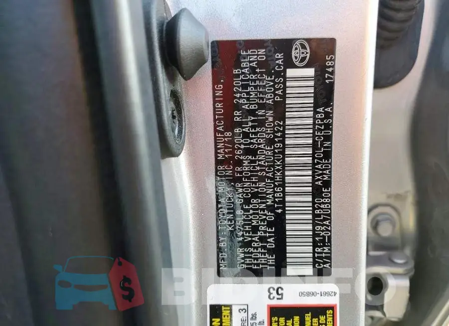 4T1B61HKXKU191422 Photo# 12