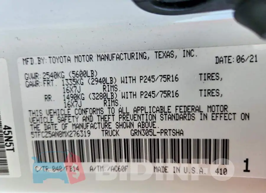5TFCZ5AN8MX276319 Photo# 13