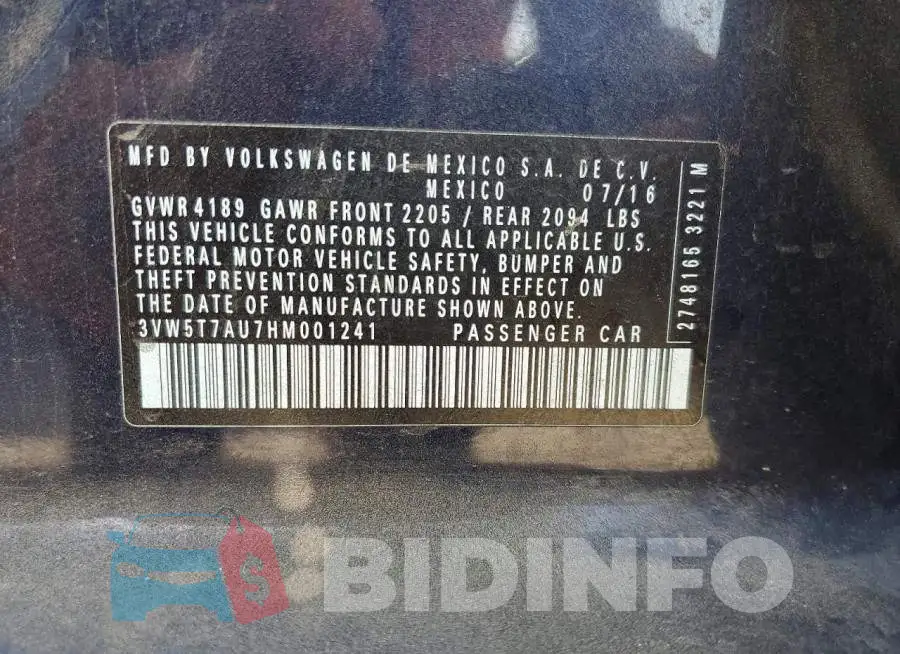 3VW5T7AU7HM001241 Photo# 12