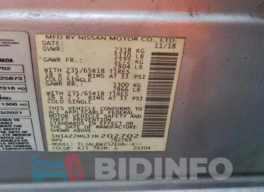 5N1AZ2MG3JN202702 Photo# 13