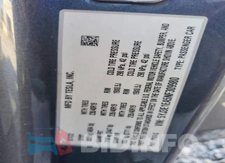 5YJ3E1EA5NF309980 Photo# 12
