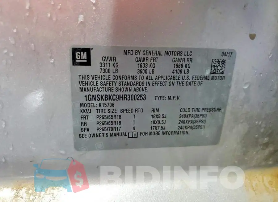 1GNSKBKC9HR300253 Photo# 12