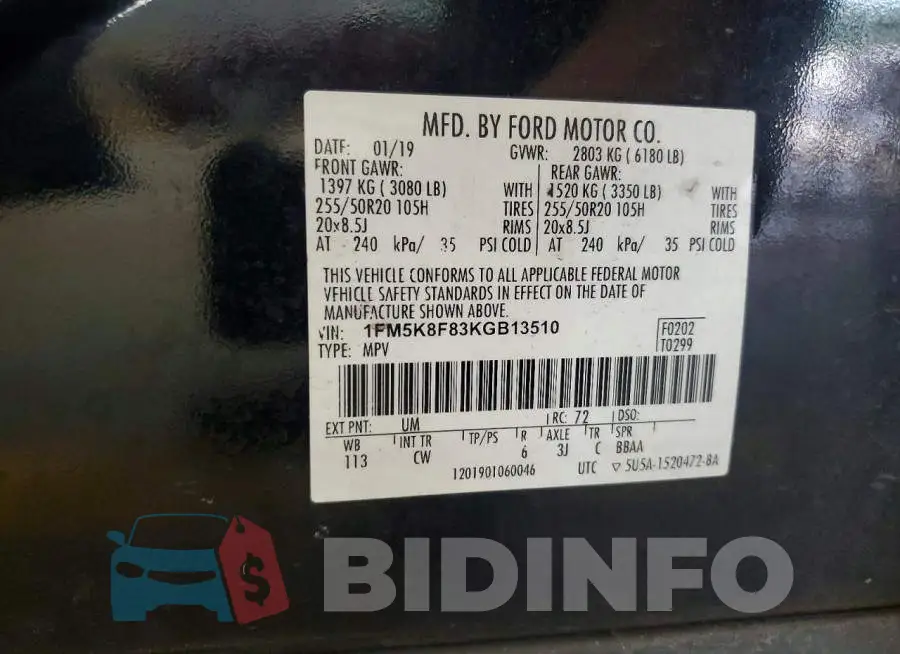 1FM5K8F83KGB13510 Photo# 13