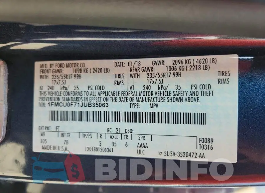 1FMCU0F71JUB35063 Photo# 13