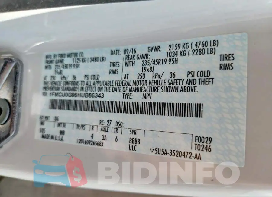 1FMCU0G96HUB86343 Photo# 13