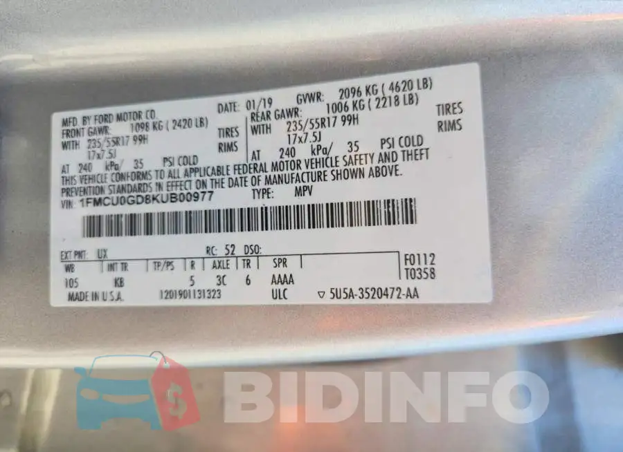 1FMCU0GD8KUB00977 Photo# 14