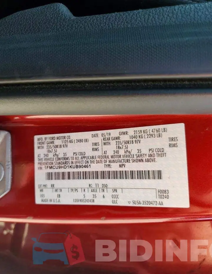 1FMCU9HD1KUB90461 Photo# 13