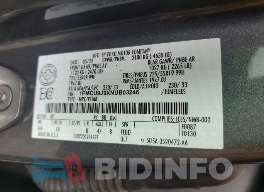 1FMCU9J9XNUB03246 Photo# 13