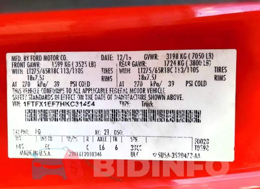 1FTFX1EF7HKC31454 Photo# 12