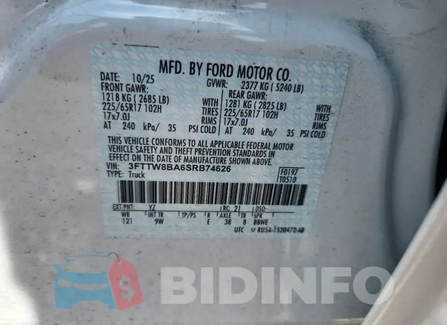 3FTTW8BA6SRB74626 Photo# 13