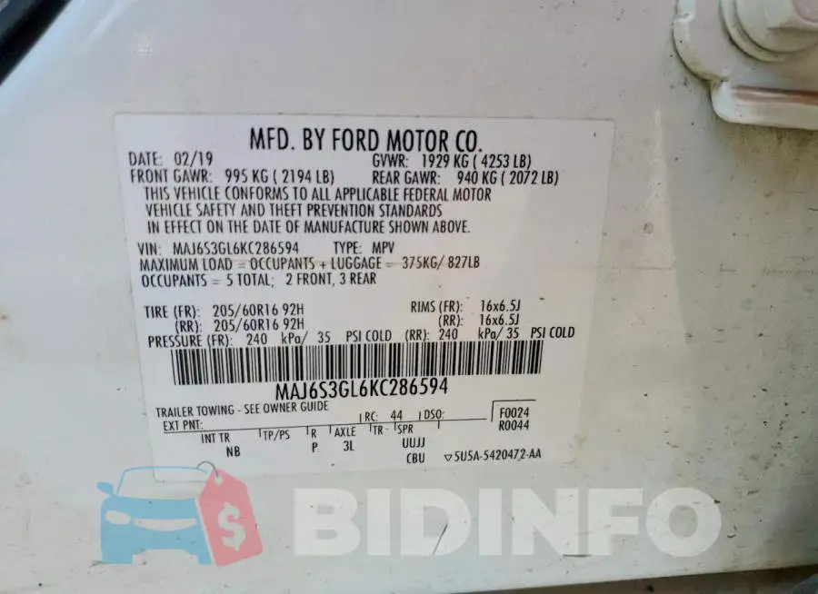 MAJ6S3GL6KC286594 Photo# 13