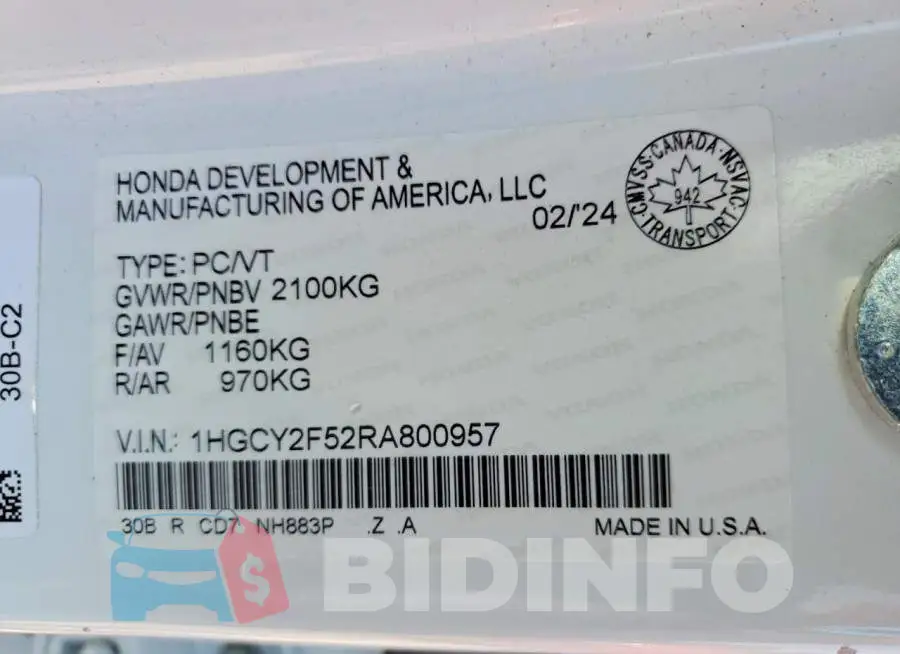 1HGCY2F52RA800957 Photo# 12