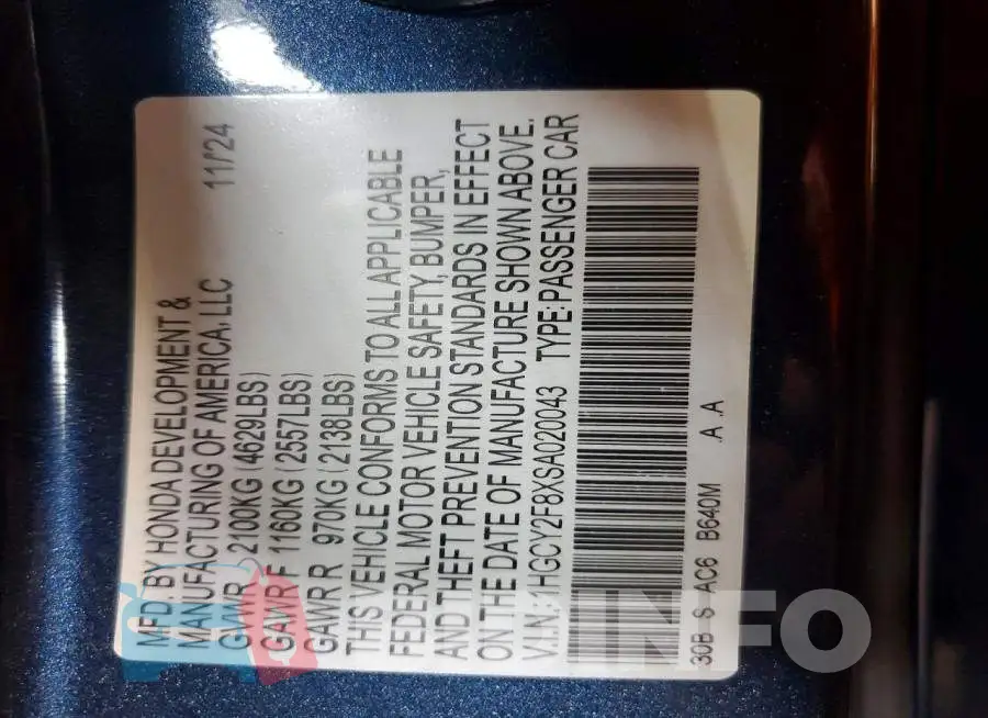1HGCY2F8XSA020043 Photo# 12