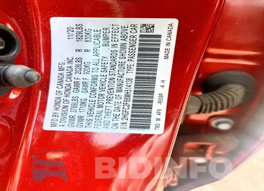 2HGFC2F66MH514138 Photo# 13