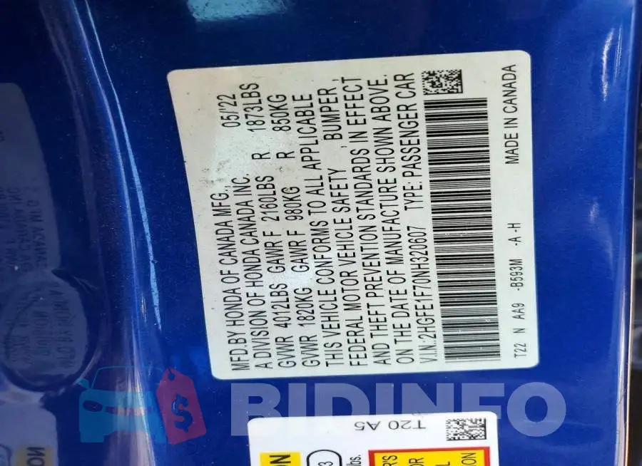2HGFE1F70NH320607 Photo# 12